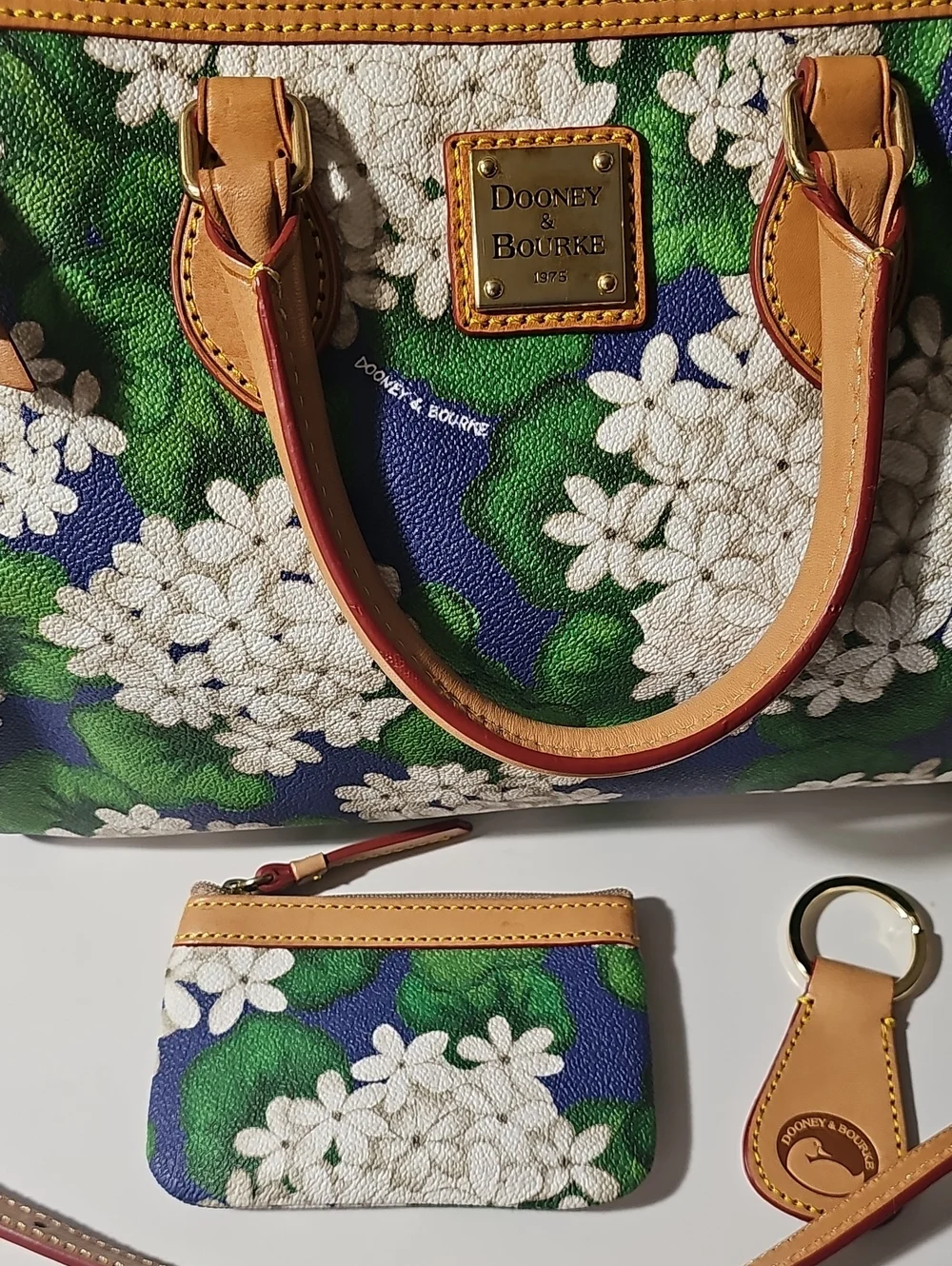 Dooney & Bourke Green Hydrangea Floral Satchel W/ Coin Purse And Key Fob